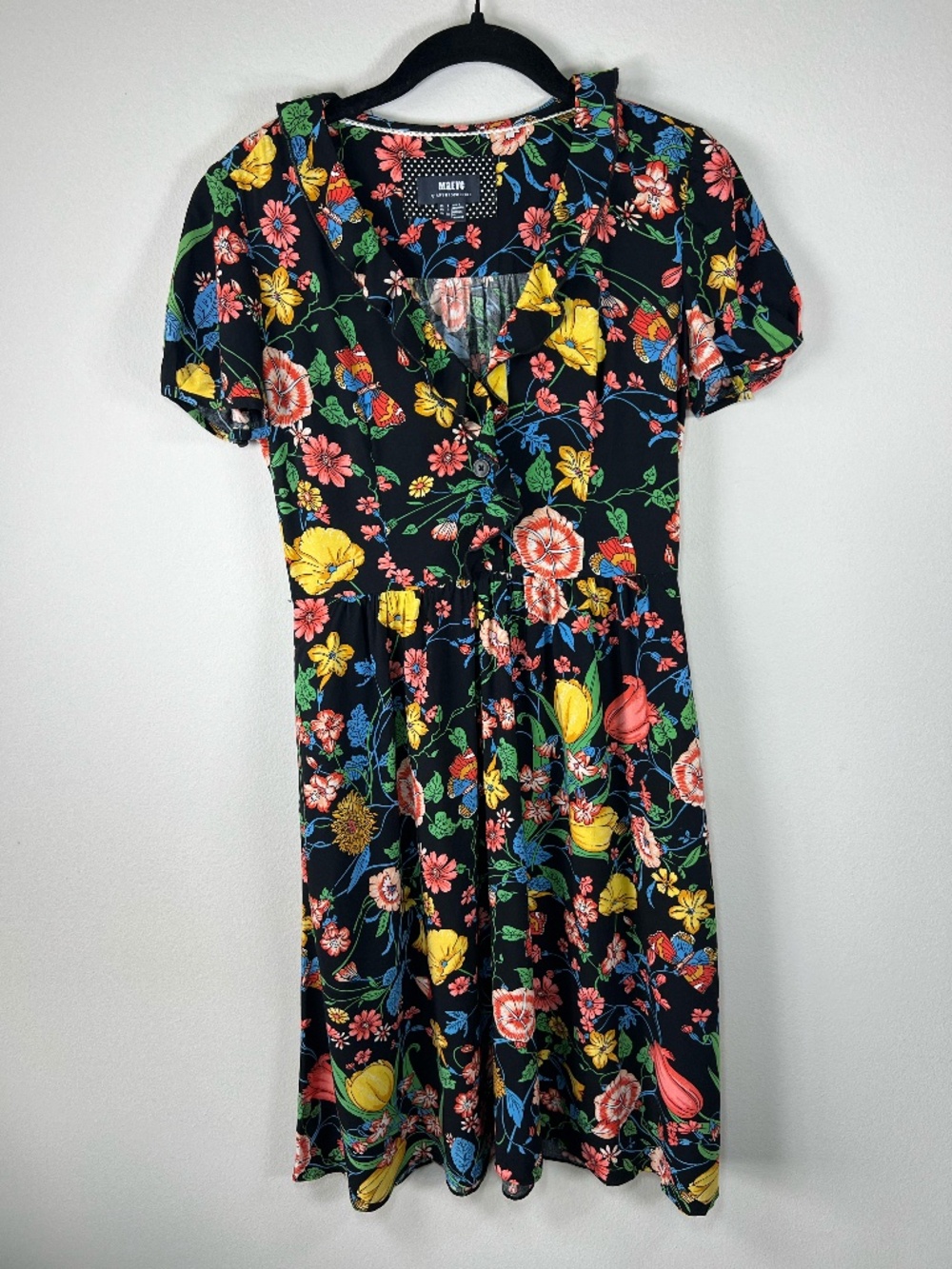 Anthropologie Maeve Bloedel Floral Dress Black Short Sleeves V-Neck Pockets Sz 0